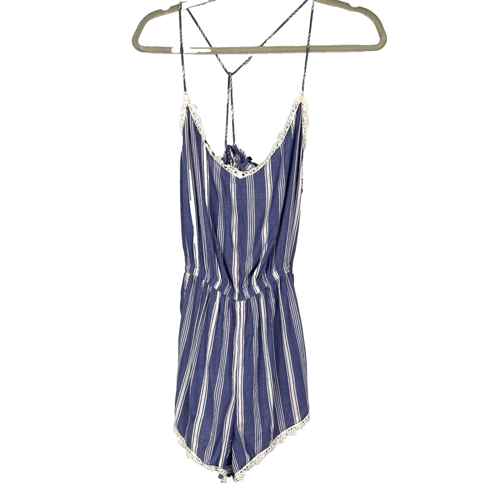 Abercrombie Fitch Striped Strappy Romper Size M Crochet Lace Trim Vtg Y2K Boho - Picture 3 of 13